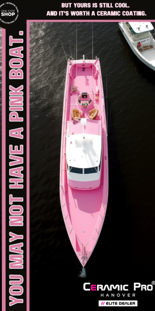A pink boat with the words " why not have a pink boat ?" written above it.